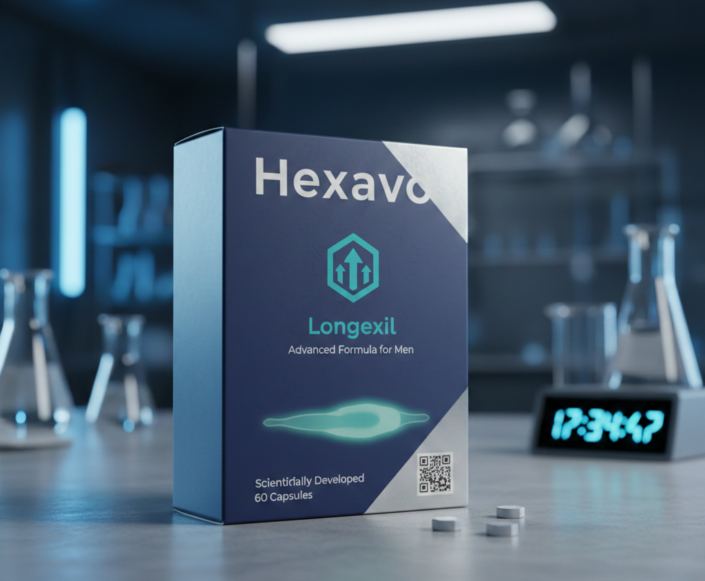Longexil kapszulák természetes férfi erőnlét támogatáshoz - elegáns sötétszürke dobozban 60 darab natúr kapszula, professzionális termékfotó világos háttéren
